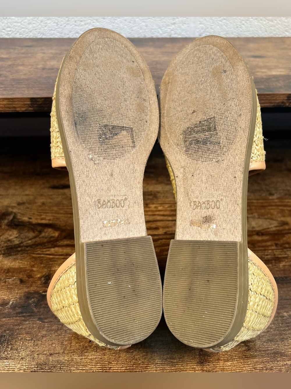 Bamboo Sandals Tan Basketweave Slip On Flat Boho Peep Toe women's 8 - Picture 7 of 8